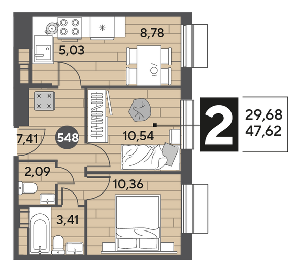 Продажа 2-комнатной квартиры 47,6 м², 2/15 этаж