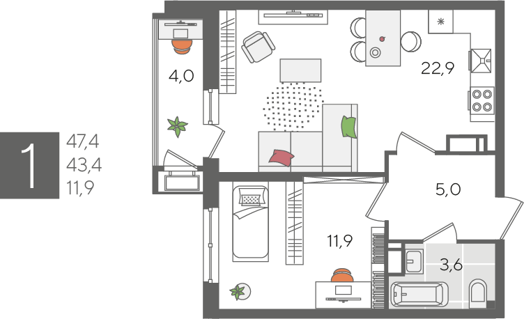 Продажа 1-комнатной квартиры 47,4 м², 14/24 этаж