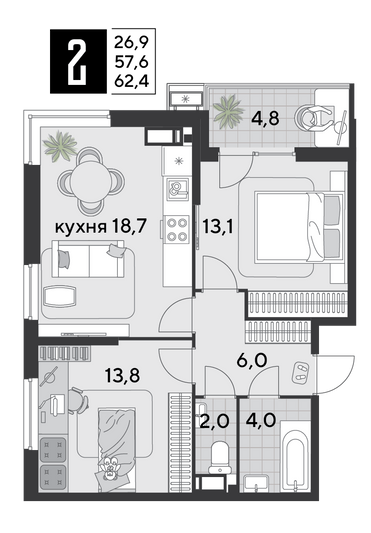 Продажа 2-комнатной квартиры 62,4 м², 12/18 этаж