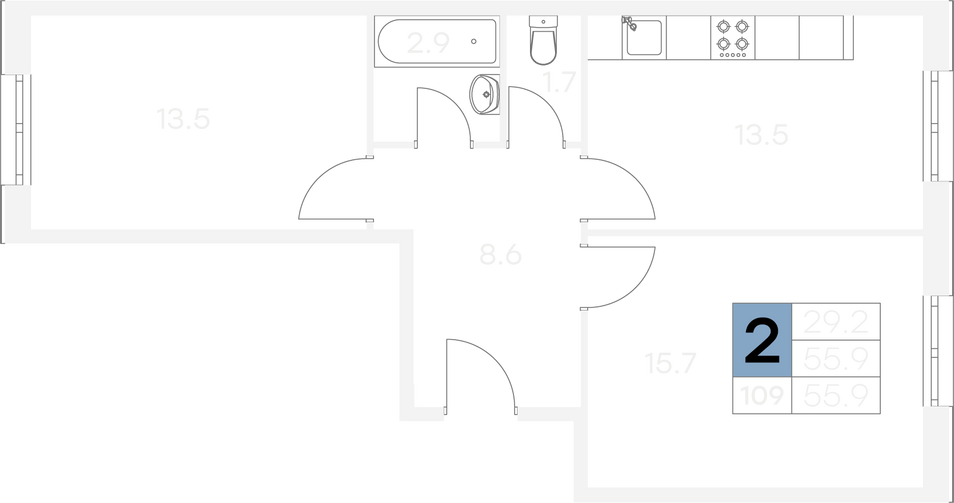 Продажа 2-комнатной квартиры 55,9 м², 1/9 этаж