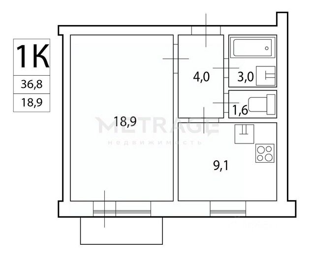 Продажа 1-комнатной квартиры 36,8 м², 3/5 этаж