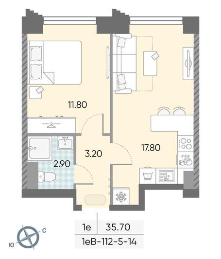 Продажа 1-комнатной квартиры 35,7 м², 9/58 этаж