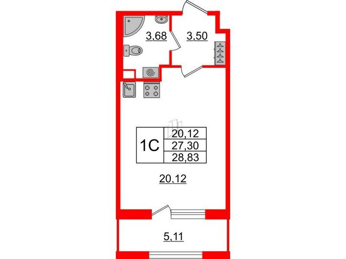 Продажа квартиры-студии 27,3 м², 2/12 этаж