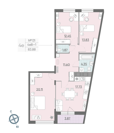 Продажа 3-комнатной квартиры 83,9 м², 14/14 этаж