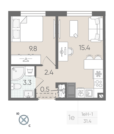 Продажа 1-комнатной квартиры 31,4 м², 21/22 этаж