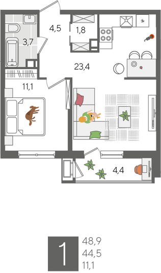 Продажа 1-комнатной квартиры 48,9 м², 4/24 этаж