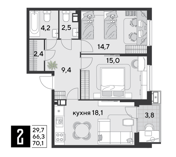 Продажа 2-комнатной квартиры 70,1 м², 7/9 этаж