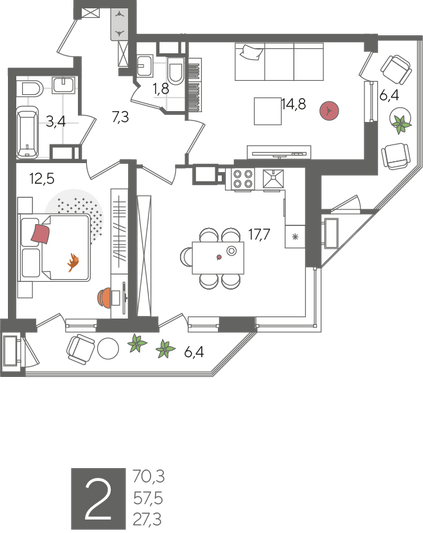 Продажа 2-комнатной квартиры 70,3 м², 12/24 этаж