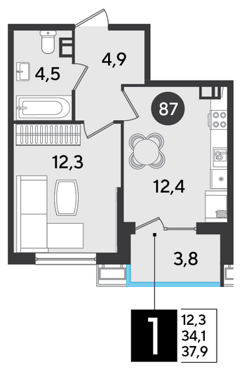 Продажа 1-комнатной квартиры 37,9 м², 3/9 этаж
