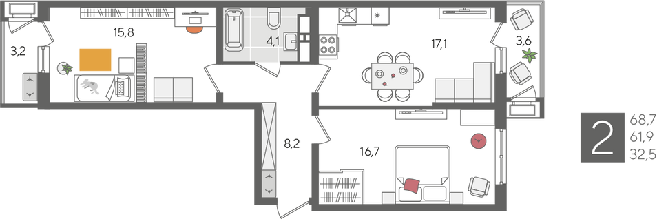 Продажа 2-комнатной квартиры 68,7 м², 17/24 этаж