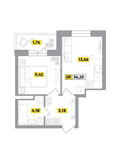 Продажа 2-комнатной квартиры 34,2 м², 3 этаж