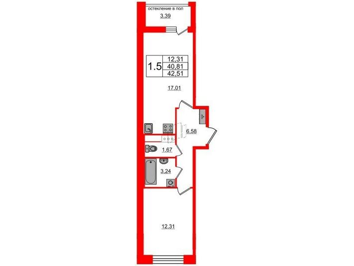 Продажа 1-комнатной квартиры 40,8 м², 3/6 этаж