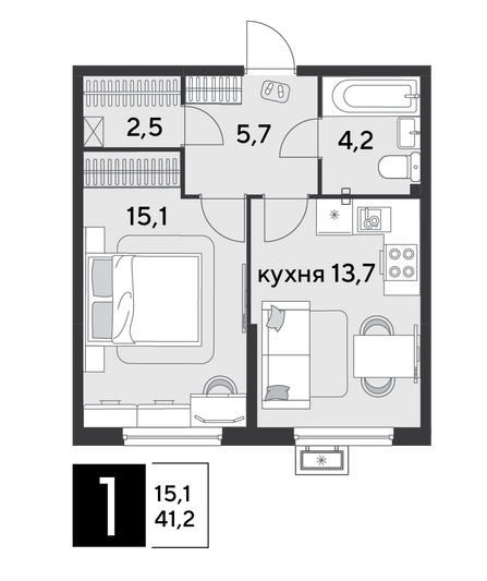 Продажа 1-комнатной квартиры 41,2 м², 2/9 этаж