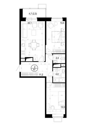 Продажа 2-комнатной квартиры 67 м², 13/19 этаж