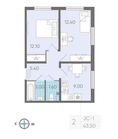 Продажа 2-комнатной квартиры 43,5 м², 1/16 этаж