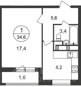 Продажа 1-комнатной квартиры 34,6 м², 6/20 этаж
