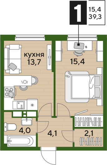 Продажа 1-комнатной квартиры 39,3 м², 12/16 этаж