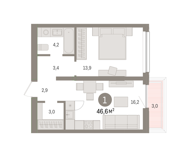 Продажа 1-комнатной квартиры 46,6 м², 5/8 этаж