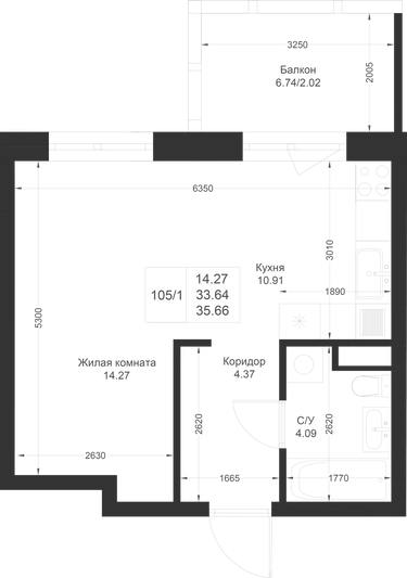 Продажа квартиры-студии 35,7 м², 2/4 этаж