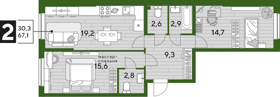 Продажа 2-комнатной квартиры 67,1 м², 2/16 этаж