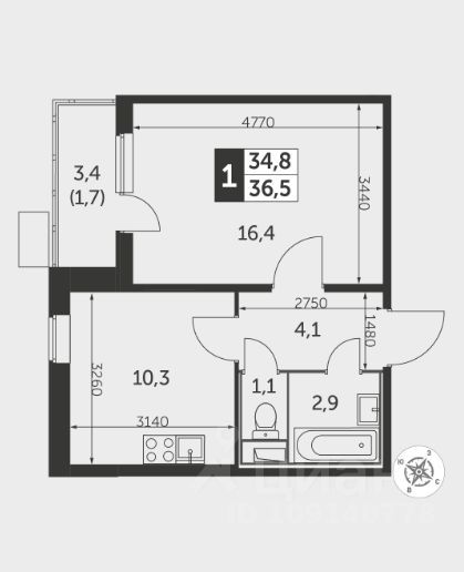 Продажа 1-комнатной квартиры 36,5 м², 11/25 этаж