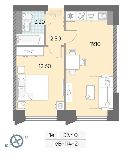 Продажа 1-комнатной квартиры 37,4 м², 2/58 этаж