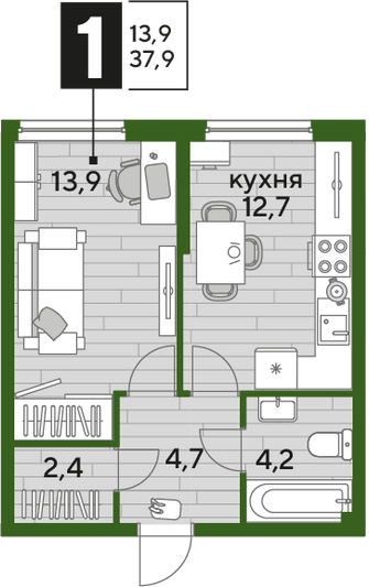 Продажа 1-комнатной квартиры 37,9 м², 2/16 этаж