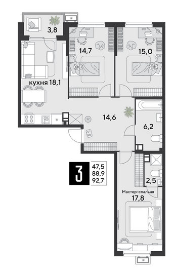 Продажа 3-комнатной квартиры 92,7 м², 5/9 этаж