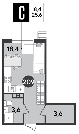 Продажа квартиры-студии 25,6 м², 8/9 этаж