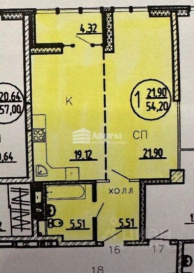 Продажа 2-комнатной квартиры 57 м², 4/21 этаж