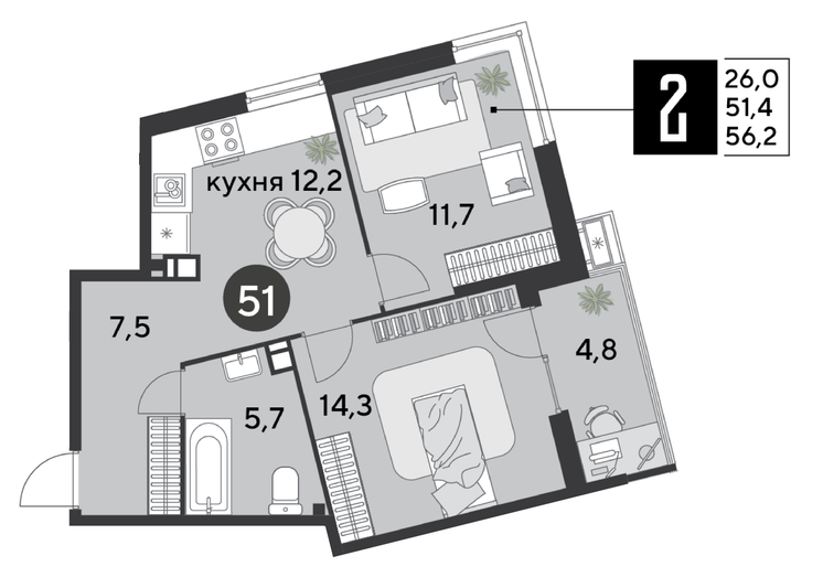 Продажа 2-комнатной квартиры 56,2 м², 7/18 этаж