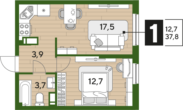 Продажа 1-комнатной квартиры 37,8 м², 11/16 этаж