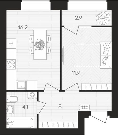 Продажа 1-комнатной квартиры 43,1 м², 2/10 этаж