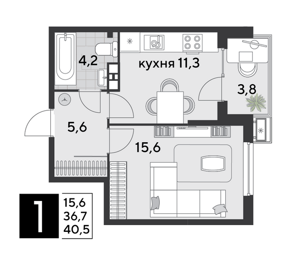 Продажа 1-комнатной квартиры 40,5 м², 5/9 этаж