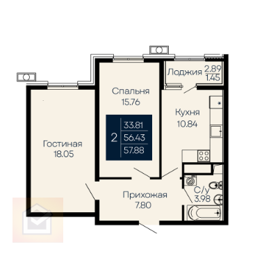 Продажа 2-комнатной квартиры 57,9 м², 1/14 этаж