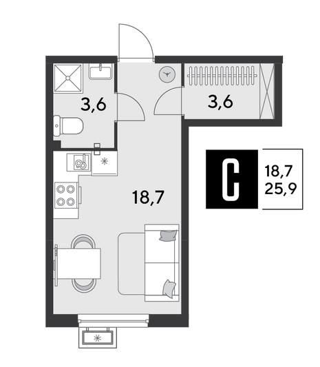 Продажа квартиры-студии 25,9 м², 2/9 этаж