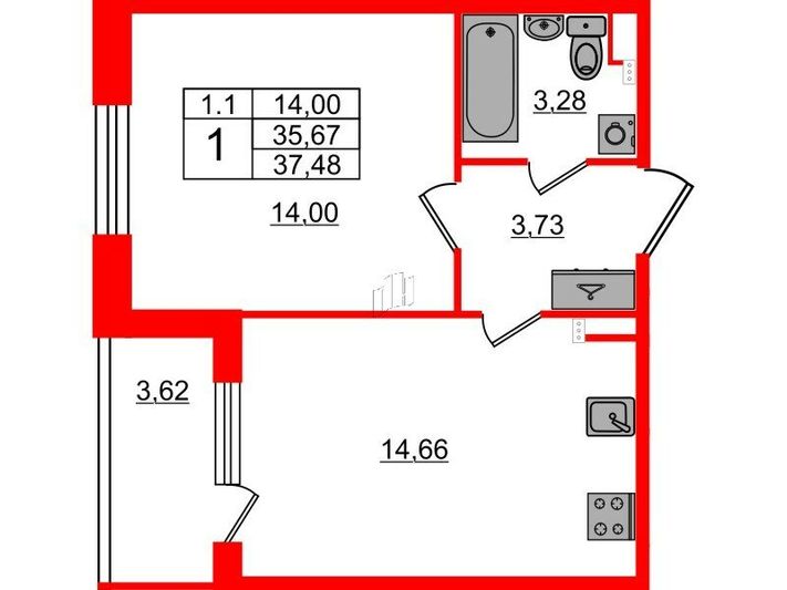 Продажа 1-комнатной квартиры 35,7 м², 2/5 этаж