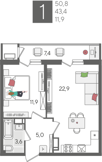 Продажа 1-комнатной квартиры 50,8 м², 24/24 этаж