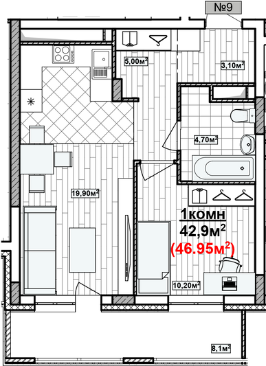 Продажа 1-комнатной квартиры 47 м², 2/19 этаж