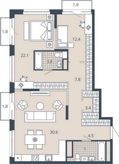 Продажа 2-комнатной квартиры 94,7 м², 21/23 этаж
