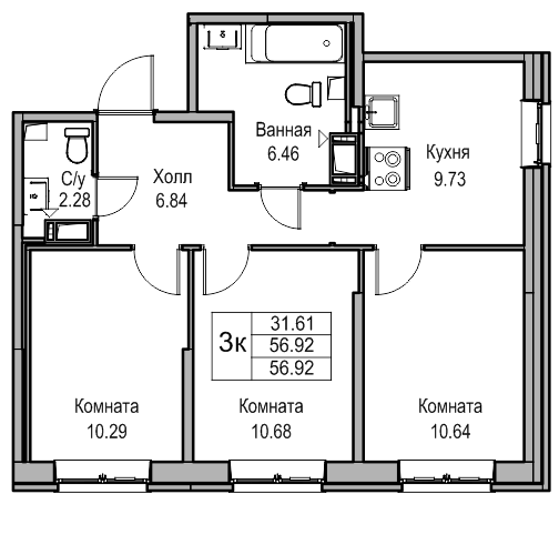 Продажа 3-комнатной квартиры 56,9 м², 3/22 этаж