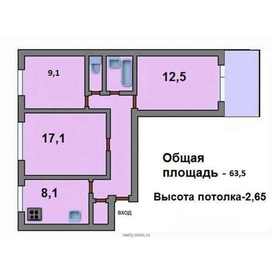 Продажа 3-комнатной квартиры 62,8 м², 4/9 этаж