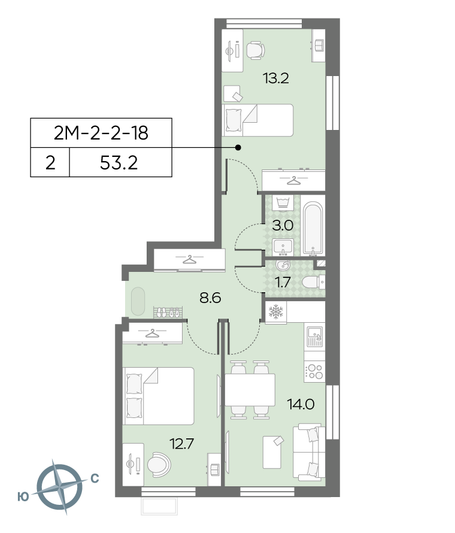 Продажа 2-комнатной квартиры 53,2 м², 4/24 этаж