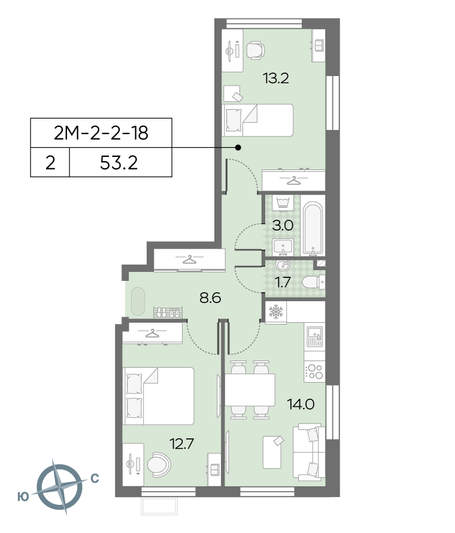 Продажа 2-комнатной квартиры 53,2 м², 16/24 этаж