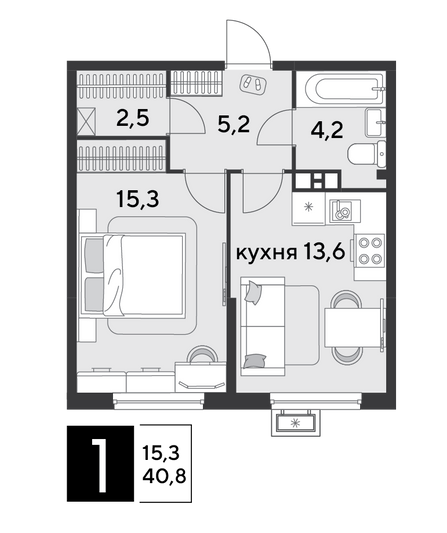 Продажа 1-комнатной квартиры 40,8 м², 3/9 этаж