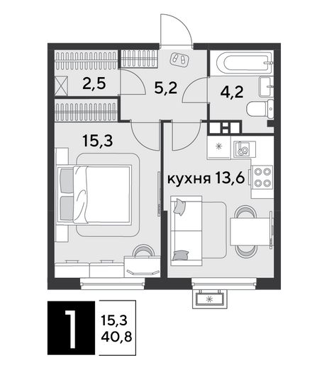 Продажа 1-комнатной квартиры 40,8 м², 7/9 этаж