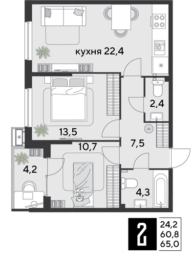 Продажа 2-комнатной квартиры 65 м², 2/9 этаж