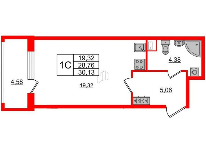 Продажа квартиры-студии 28,8 м², 1/4 этаж