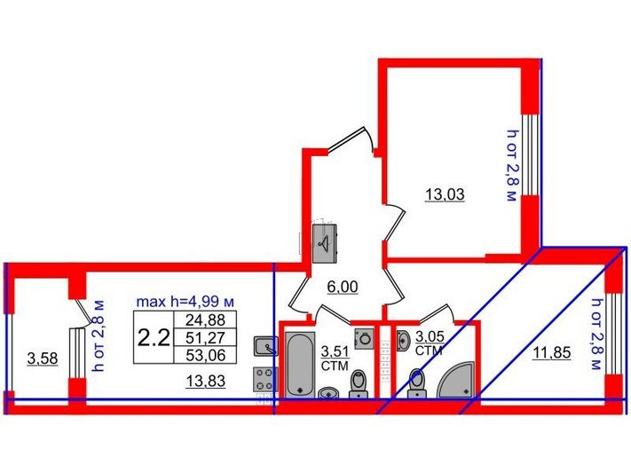 Продажа 2-комнатной квартиры 51,3 м², 4/4 этаж