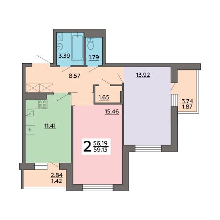 Продажа 2-комнатной квартиры 59,1 м², 2/18 этаж